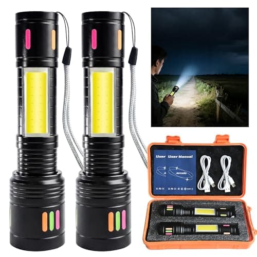 Jercoda LED Rechargeable Flashlights High Lumens, Zoomable Tactical Flashlight with COB Side Light & LCD Battery Display, Aluminum Handheld Flashlight IPX4 for Home Emergency Camping, 2Pack - Image 1