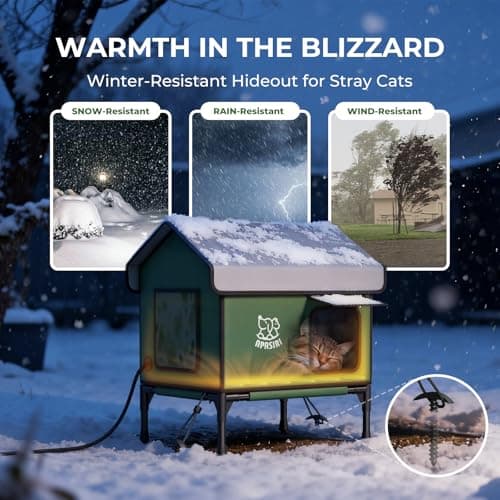 Apasiri Heated Cat House Weatherproof - Insulated Outdoor Cat Shelter with Thermostatic Heating Pad, Water Resistant 900D Oxford Feral Cat House with Anti-Peep Curtains Escape Door for Winter, Large - Thumbnail 2