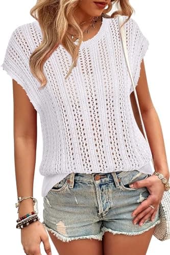 Arach&Cloz Womens Spring Summer 2024 Sweater Vest Cap Sleeve Crew Neck Fashion Casual Sleeveless Trendy Crochet Tops Clothes Vacation Resort Boho Country Concert Outfits Beach Shirts White