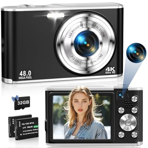 4K Digital Camera for Photography, 48MP Dual Cameras for Photography, 16X Digital Zoom Point and Shoot Cameras with 32GB Card & 2 Batteries Camera for Boys Girls Kids - Black - Image 1