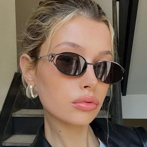 SODQW Retro Oval Sunglasses for Women Trendy Metal Frame Round Designer Sun Glasses with Heart Accents UV Protection - Thumbnail 2