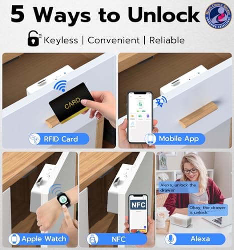 eLinkSmart Smart Cabinet Lock, Hidden No Drill Adhesive Magnetic Baby Proofing Child Proof Drawer Locks, Keyless RFID Bluetooth Cabinet Locks for Adults File Kitchen Cupboard Closet Liquor - White - Thumbnail 2
