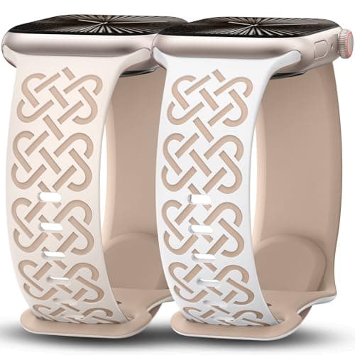 Minyee 2 Pack Engraved Bands Compatible with Apple Watch Band 42/44/45/46/49mm Women, Soft Silicone Two-Tone Celtic Sport Strap for iWatch Series 11 10 9 8 7 6 5 4 SE/Ultra 3 2 1,White/Nude/Starlight - Image 1