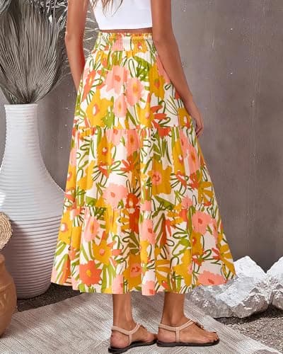 BTFBM Skirts for Women Floral Print Fall Fashion 2026 A Line Elastic High Waist Boho Holiday Maxi Skirt Pockets(Floral White Yellow, X-Large) - Thumbnail 5