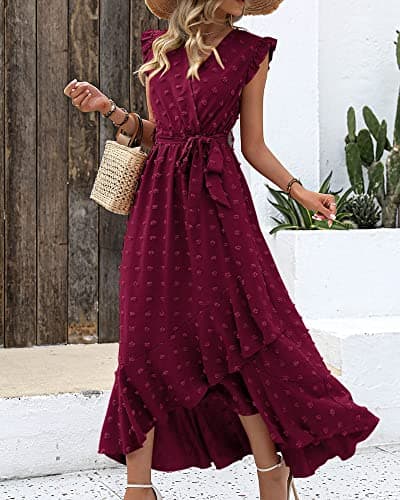 BTFBM Boho Dresses for Women 2026 Summer Fashion Cap Sleeve Swiss Dot Flowy Ruffle Beach Wedding Cocktail Maxi Dress(Wine Red, Large) - Thumbnail 6