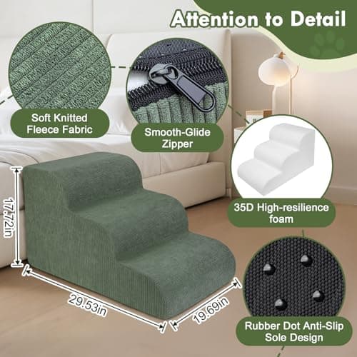 Olaivy Large Dogs Stairs for Bed, Extra Wide Pet Step for Couch or Chair, 100lbs Load Capacity, 3-Step Stable & Sturdy Cat & Dog Ramp for Puppy Small Medium Senior Dog Essentials, Washable Cover,Green - Thumbnail 3