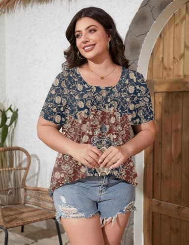 TFSDOD Womens Plus Size Tops Short Sleeve Shirts for Women Button Down Boho Printed Blouses Pleated Summer Casual Tees Vintage Red Boho XL - Thumbnail 3