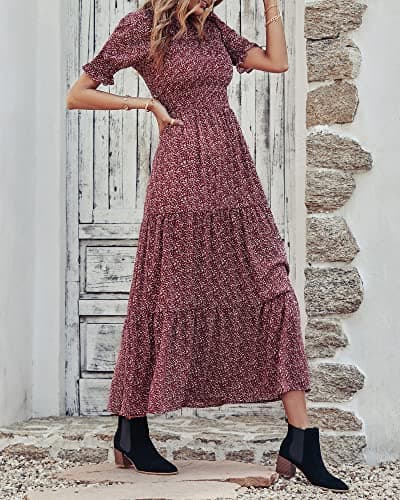 BTFBM Women Casual Summer Dresses 2026 Spring Crew Neck Ruffle Short Sleeve Smocked Floral Boho Flowy Maxi Dress Clothes(Floral Wine Red White, Large) - Thumbnail 4