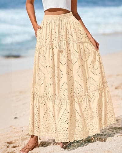 BTFBM Boho Long Skirts for Women Spring Summer 2026 Lace Embroidery High Waist Flowy Tiered Maxi Skirt Beach Vacation(Beige, Medium) - Thumbnail 2