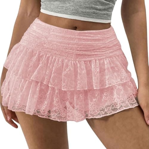 dzmelzu Lace Skirts, Y2K Lace Ruffle Layered Mini Skirt, A-Line Cute Tired Skorts, High Waist Cake Skirt XS-2XL (Large, Pink) - Thumbnail 2