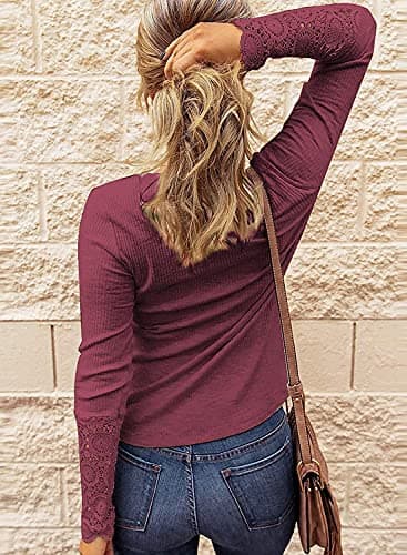 BTFBM Women Long Sleeve Shirts Spring Solid Button Up V Neck Lace Long Sleeves Slim Fit Knit Casual Fall T-Shirts 2026(Wine Red,XX-Large) - Thumbnail 5