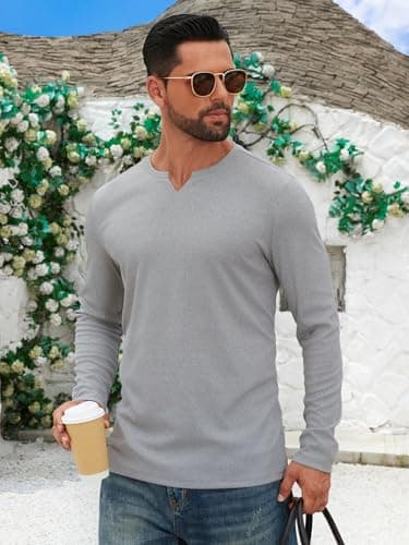 Hardaddy Men's V Neck Long Sleeve Ribbed Casual T-Shirt Classic Basic Solid Tee Shirts Light Gray M - Thumbnail 2