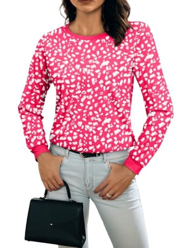 BLENCOT Long Sleeve Shirts for Women Casual Tops Basic Workout Tees Fall Fashion Outfits Beach Vacation Clothes Business Leopard Tunic Large Strawberry Pink - Image 1