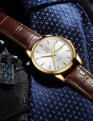 OLEVS Brown Leather Mens Watches Classic Analog Quartz Watch Ultra Thin Waterproof Watches for Men Small Casual Dress Date Day White Dial Men's Wrist Watch Simple Easy Reader Reloj para Hombre - Thumbnail 4