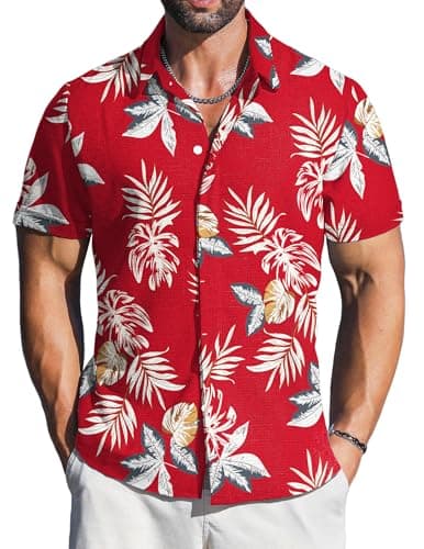LETSEE Mens Button Down Short Sleeve Shirt Linen Casual Beach Hawaiian Summer Dress Shirts Clothing, Red Tropical Leaf, Small - Image 1