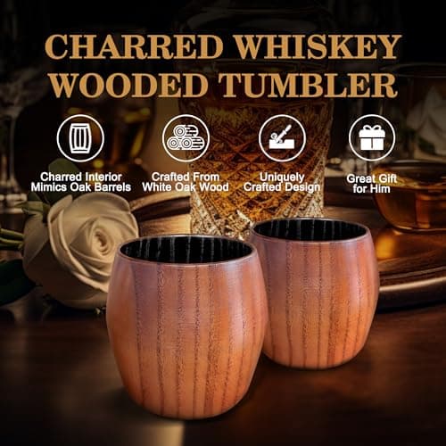 Charred Wooden Bourbon Drinking Glass, Bourbon Gifts for Men - 10 oz Charred Wooden Old Fashioned Glass Whiskey Tumbler | Birthday Whiskey Gifts for Men, Dad or Brother | Original Bourbon Tumbler - Thumbnail 2