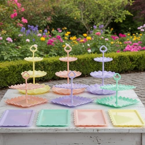 Pack of 10 NWK Cake Stand Set, with 3 x Two-Tier and 3 x Three-Tier Cupcake Stands, 4 x Appetizer Trays, 1 x Tablecloth for Birthday Bridal Baby Shower Party (Colorful) - Thumbnail 4