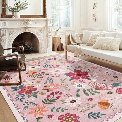 Washable Area Rug, Floral Rug, Large Carpet for Living Room & Bedroom, 9'x 12',Pink - Image 1