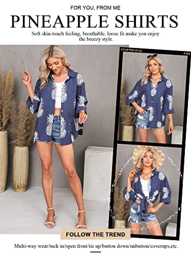 ZXZY Women Pineapple Printed Lapel Collar Half Sleeves Buttons Down Blouse Shirt (Blue, Medium) - Thumbnail 4