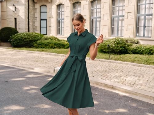 GRACE KARIN Womens Short Sleeve Shirt Dresses 2026 Summer Midi Button Down Dress Work Business Casual Dress with Pockets Dark Geen S - Thumbnail 5