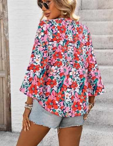 LOOKBOHO Tops for Women 3/4 Sleeve Casual Dressy Floral Boho Blouses Bell Sleeve Button V-Neck Business Shirts Pink M - Thumbnail 3