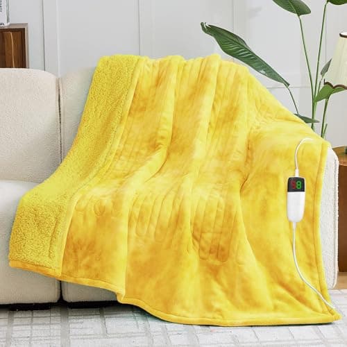 greenoak Heated Electric Blanket Throw, Faux Fur Sherpa Heating Blanket for Sofa Bed, Warm Winter Gifts for Women/Adults, Heater Lap Blankets 5-Position Timer &10 Heating Levels 50''*60" Lemon - Image 1
