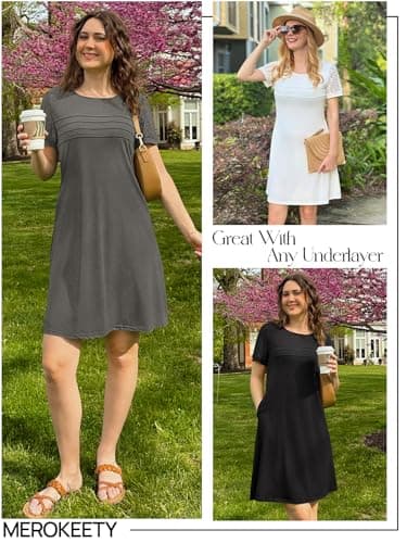 MEROKEETY Women's Summer Short Lace Sleeve T Shirt Dress Casual Crew Neck Pleated Front Shift Dresses, Black, Medium - Thumbnail 4