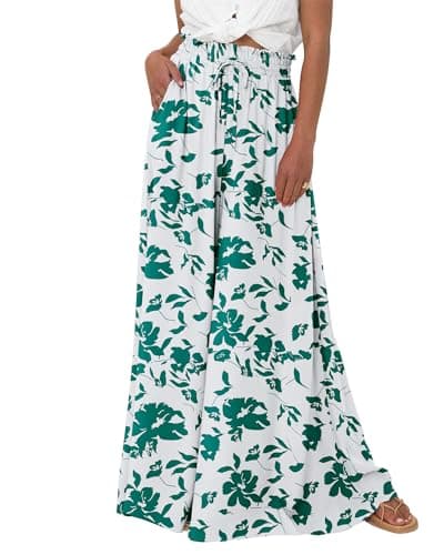 BTFBM Women Casual High Waist Wide Leg Pants 2026 Spring Summer Long Palazzo Pants Pocket Lounge Beach Vacation Clothes(Print Green, Small) - Image 1