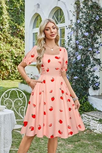 Belle Poque Pink Strawberry Vintage Milkmaid Wedding Guest Dress 2026 Summer Square Neck Puff Sleeve Sun Dress XXL - Thumbnail 2