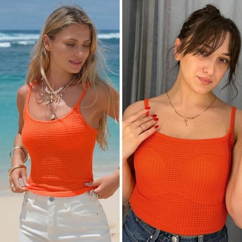 EXLURA Women's Crochet Crop Tops Hollow Out Knit Cami Adjustable Spaghetti Strap Layering Tank Top Boho Resort Beach Outfits Orange - Thumbnail 4