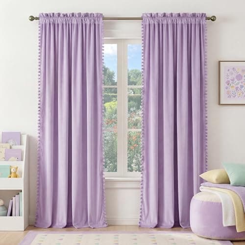 NICETOWN Lilac Purple Velvet Curtains 96 Inch Length (2 Panels) – Pom Pom Room Darkening Drapes for Nursery & Kids Room, Thermal Insulated Soft Window Treatments Whimsical Charm Decor - Image 1