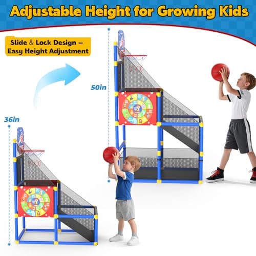 EagleStone 2-in-1 Kids Arcade Basketball Hoop with Dart Board,4 Balls Adjustable Height Basketball Toy Indoor Outdoor Carnival Games Gift for Boys Girls Toddlers Ages 3-6 Years Old,Pump Included - Thumbnail 5