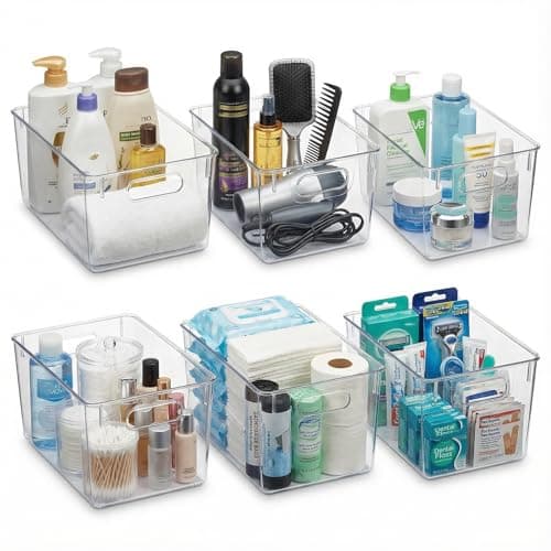 MOONEDGE Open Clear Plastic Storage Bins Stackable Organizer Containers with Handles for Kitchen, Pantry, Fridge, Cabinet, Closet Storage & Home Organization 6 Pack（11 x 8 x 6 in） - Image 1