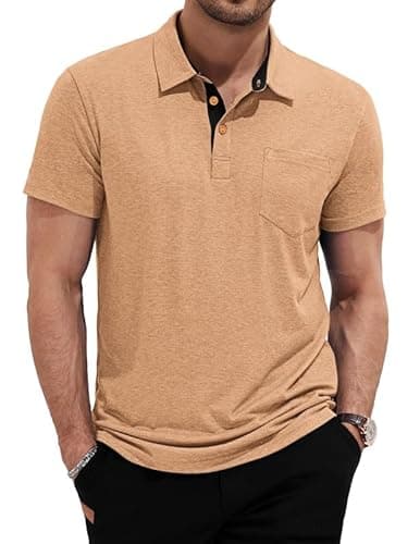 AUSELILY MEN Mens Polo Shirts Short Sleeve Cotton Casual Summer Knit Golf Stylish T Shirts Big and Tall with Pockets Light Brown 5XL - Image 1