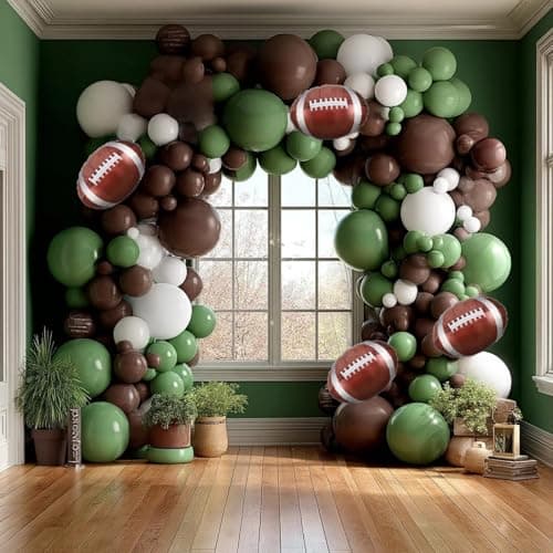 Football Balloon Garland Arch Kit, 137Pcs Sage Green White and Coffee Brown Balloons with Football Foil Balloon for Touch Down Rugby Sport Theme Superbowl Party Decorations
