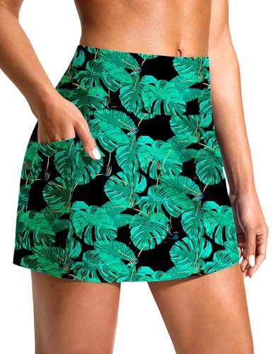 Soothfeel Women's 14" Swim Skirt with Pockets High Waisted Tummy Control Bathing Suit Swimsuit Skirt Modest Tankini Bottoms (Leaf,XXL) - Image 1