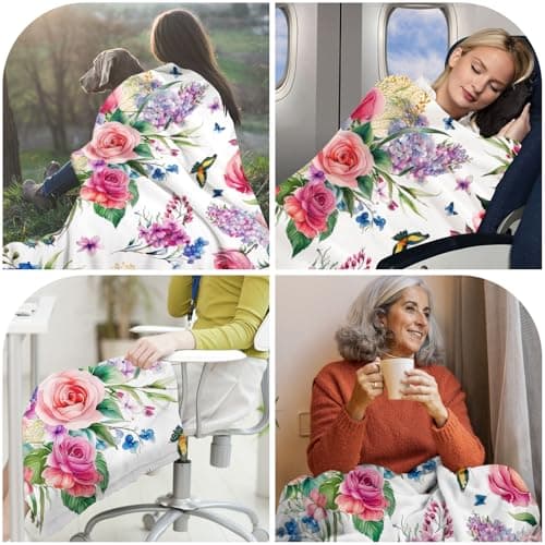 yuboo Spring Floral Throw Blanket, Soft Flannel Blanket Gifts for Women Wife Flower Lovers, Decorations for Home Bed Sofa Couch Chair Business Travel Home Ornaments, 50 x 60 Inch - Thumbnail 3