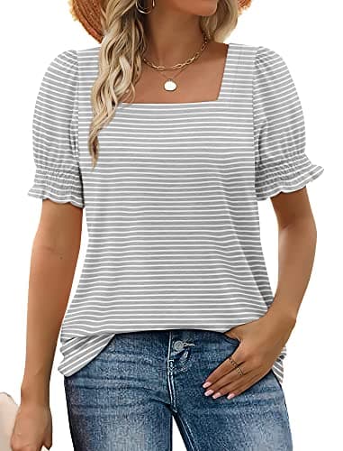 WIHOLL Womens Tops Dressy Casual Short Puff Sleeve Square Neck Tshirts Shirts Grey Stripe 2XL - Image 1
