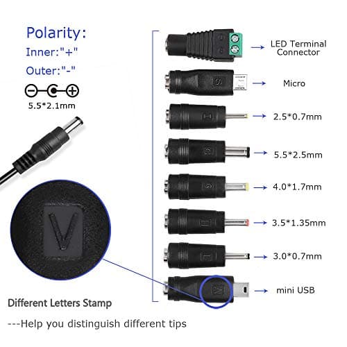 Universal AC DC 5V 1A 2A/2000mA Power Supply Cord Adapter Charger with 8 Variable Plug Tips (Include 5.5mm / 3.5mm / mini USB/Micro USB / 4.7mm Switching Connector) - Thumbnail 4