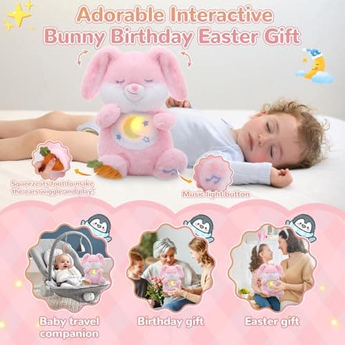 MILEGI Breathing Stuffed Animal, Soothe Snuggle Pink Easter Bunny Stuffed Animal for Anxiety Adults and Kids, Sleeping Soothing Bunny Plush with Realistic Breathing and Lights, Easter Basket Stuffers - Thumbnail 5