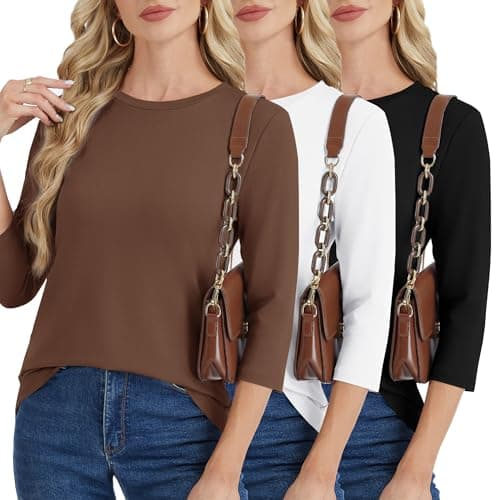 GAYHAY 3 Pack 3/4 Length Sleeve Womens Tops - Casual Crew Neck Summer T Shirts Spring Blouses Black White Brown 2026 - Image 1