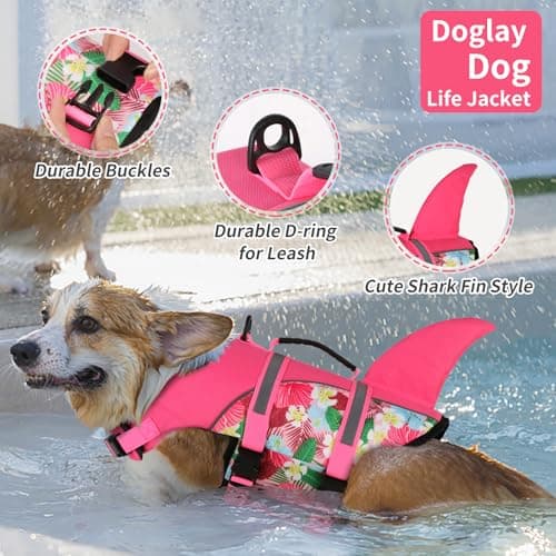 Doglay Dog Life Jacket, Ripstop Cute Shark Dog Life Jacket with Superior Buoyancy and Rescue Handle, Adjustable Dog Life Vests for Swimming Boating, Pet Flotation Vest for Small Medium Large Dogs - Thumbnail 2