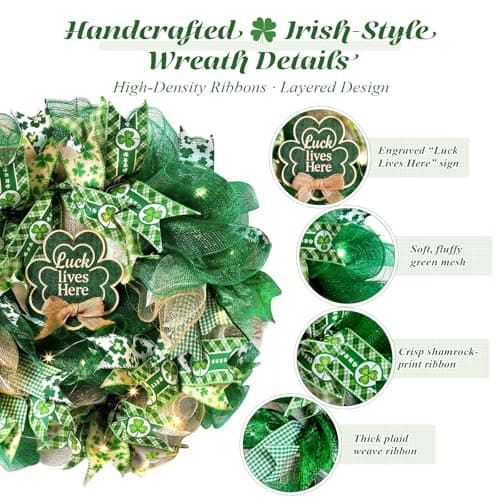 Presentastic 18 Inch St. Patrick's Day Decorations Wreath, Handcrafted Shamrock Wreath for Front Door with Light, Clover Artificial Design, Lucky Irish Porch Decor, Wall, Entry, Party Holiday Display - Thumbnail 2