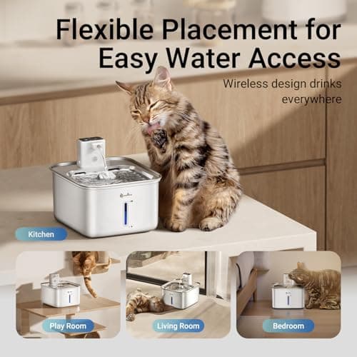 DownyPaws Cat Water Fountain Stainless Steel Wireless, 101 oz/3L FurSink Cordless Water Fountain for Cats, Battery Operated Cat Fountains for Drinking with Motion Sensor, Easy Clean, White - Thumbnail 3