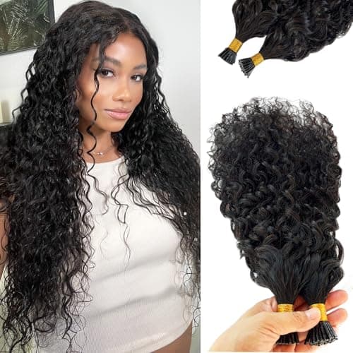 Licoville Human Hair I Tip Extensions Water Wave 12 Inch 100 Strands, Silky Soft Cold Fusion Wet and Wavy I Tip Extensions Real Remy Hair for Natural, Voluminous Look, #1B Natural Black Color - Image 1