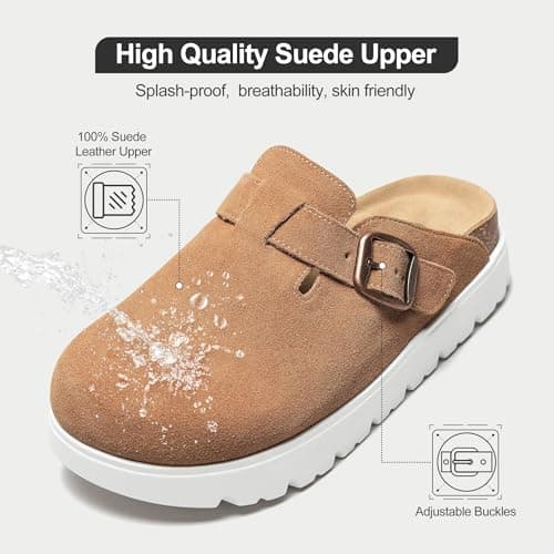 Brelzo Calvior Women's Platform Suede Clogs Slip-On Mules Non-Slip Potato Shoes Sandals with Arch Support Adjustable Buckle Chestnut - Thumbnail 3