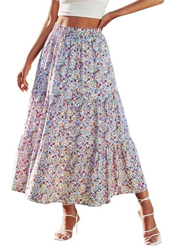 KIRUNDO Women 2026 Spring Summer High Waist Boho Floral Maxi Skirt Trendy Casual Flowy Swing Pleated A Line Beach Long Skirts(White Red, Medium) - Image 1