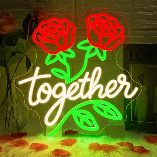 Looklight Together Neon Sign Wedding Neon Signs for Wall Decor Flower Light Happy Anniversary Sign Rose Wall Decor Led Lights for Anniversary Celebration Wedding Party Bedroom Home Decorations Gifts - Image 1