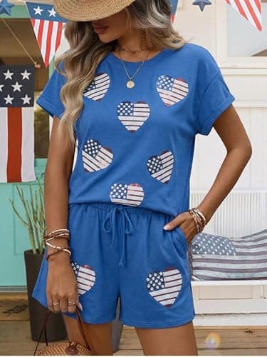 MYHALF 4th of July Sets for Women Sequin Star Graphic Shirt and Shorts Patriotic Outfits 2 Piece Short Sleeve Lounge Set - Thumbnail 2
