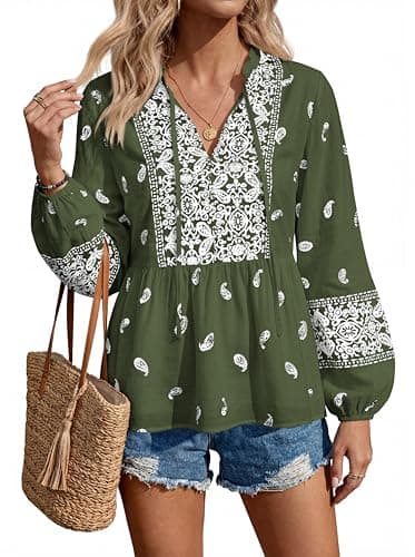 MASCOMODA Women Boho Babydoll Tops Spring Summer Casual V Neck Peplum Long Sleeve Blouses Flowy Shirts Beach Vacation Clothes(Army Green White Flower,Medium) - Thumbnail 6